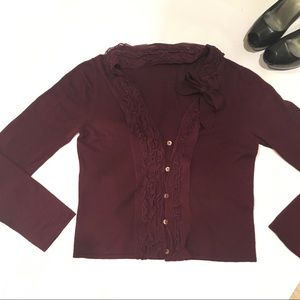 Anthropologie Wine Red Frilly Button Down Sweater